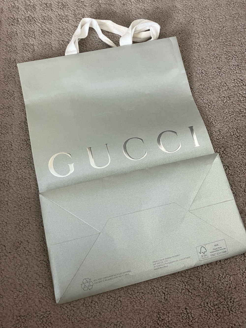 Gucci Silver Metallic Shopping Bag with White Handles